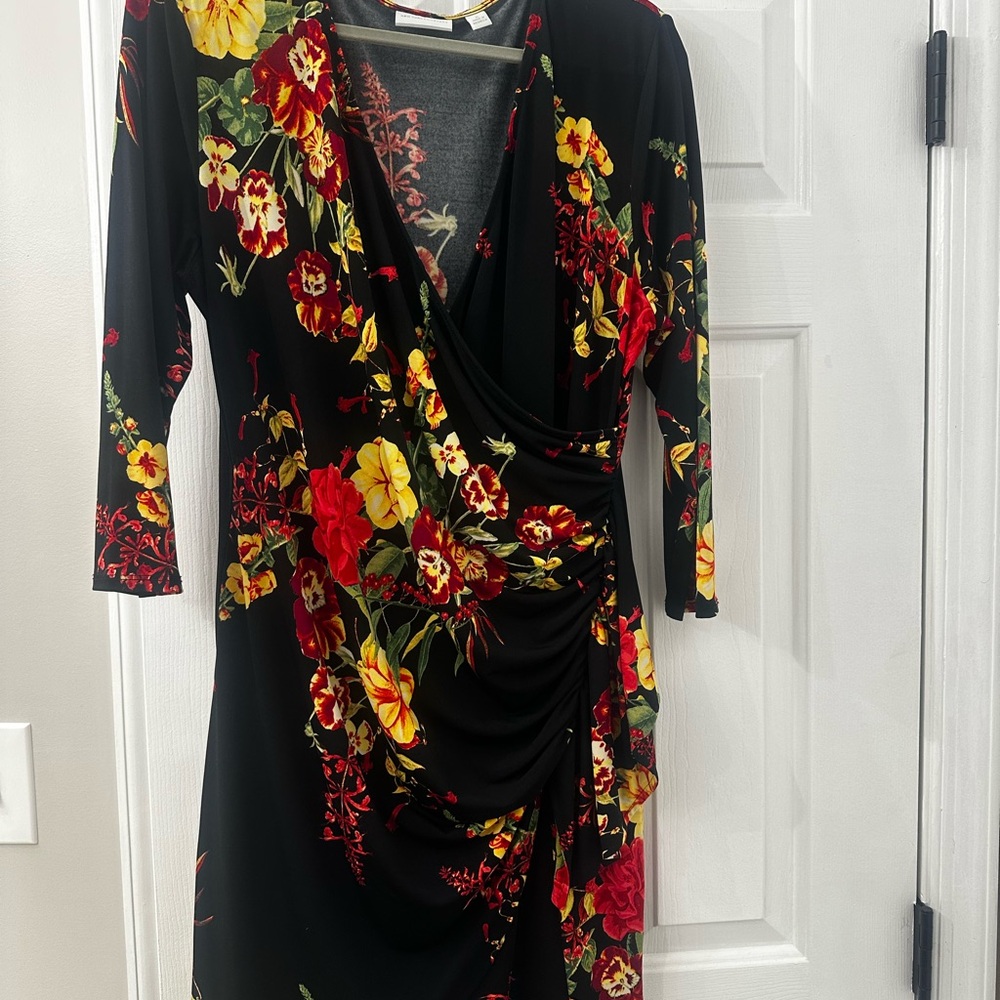 New York & Company Black Floral Midi Dress with Red & Yellow Blooms